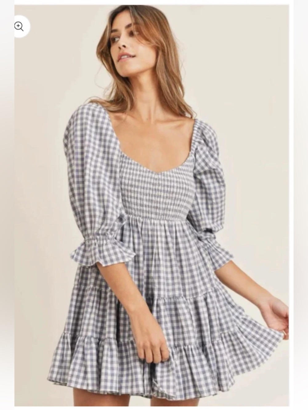 Gingham Puff-Sleeve Smocked Mini Dress